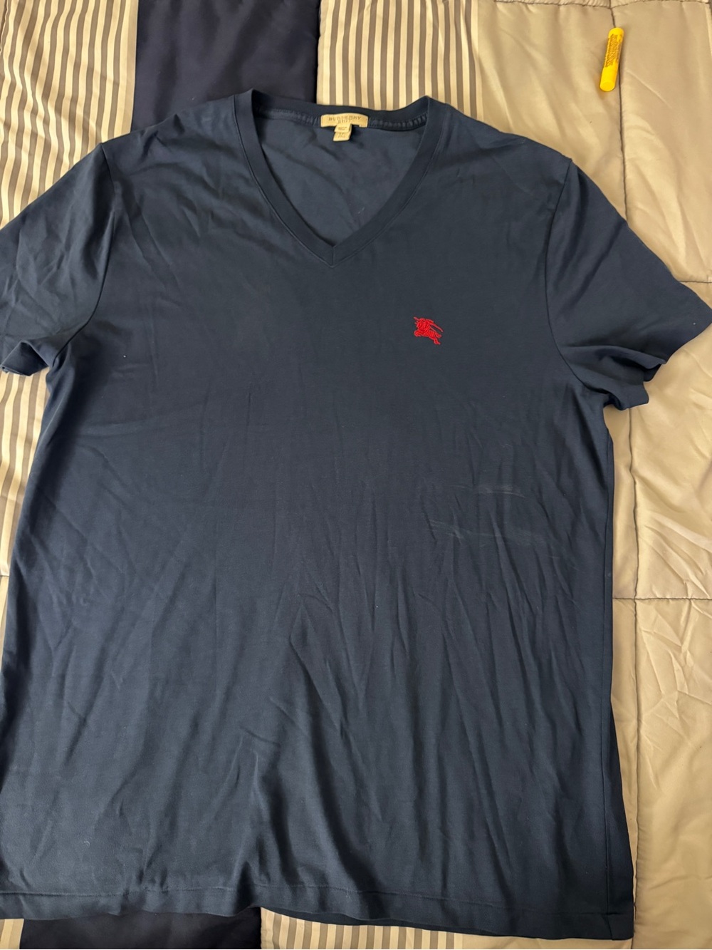 Burberry Navy V-Neck Short Sleeve Tee with Red Logo